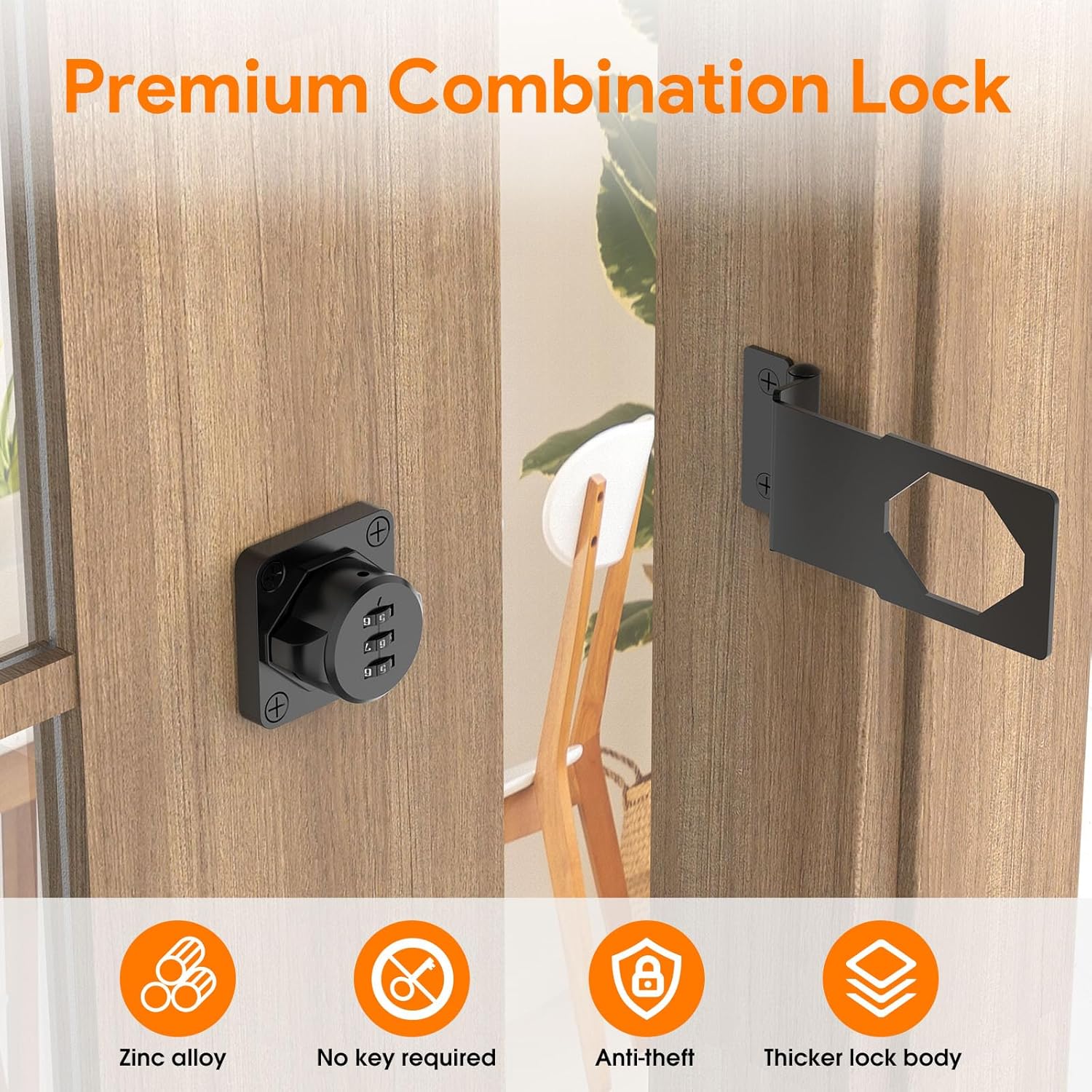 YogePote Combination Lock for Cabinets, Bi-Fold Doors, Fences, Gardens - Rotary Hasp Lock with 90 Degree Barn Door Latch (2 Pack, Black)