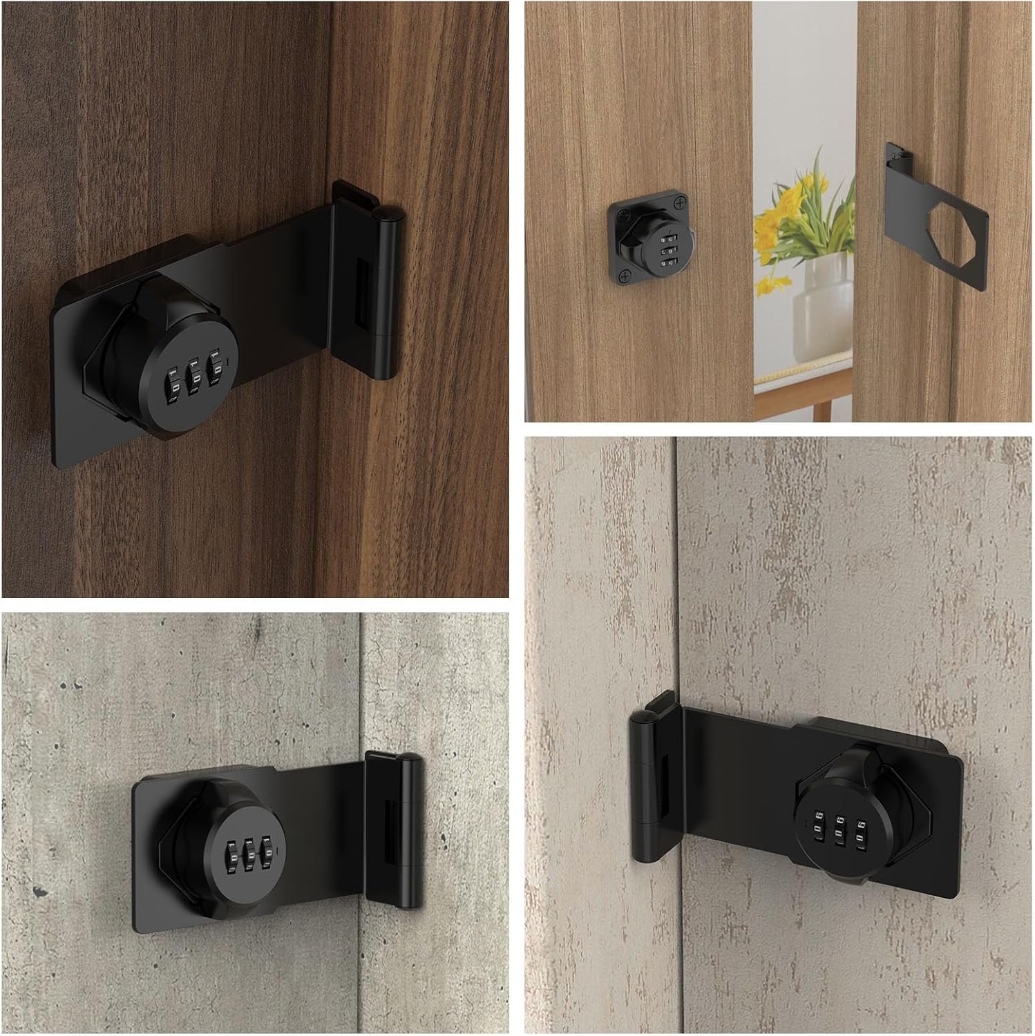 YogePote Combination Lock for Cabinets, Bi-Fold Doors, Fences, Gardens - Rotary Hasp Lock with 90 Degree Barn Door Latch (2 Pack, Black)