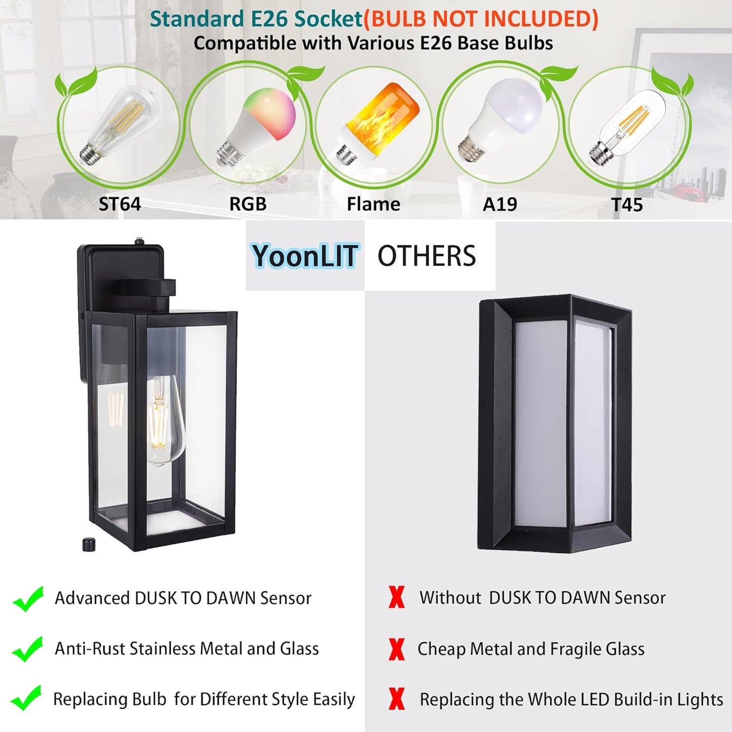 YoonLIT SMARTLIFE Dusk to Dawn Outdoor Wall Lantern - Anti-Rust, Waterproof, Black - Ideal for Front Porch, Patio, Garage - 1-Pack