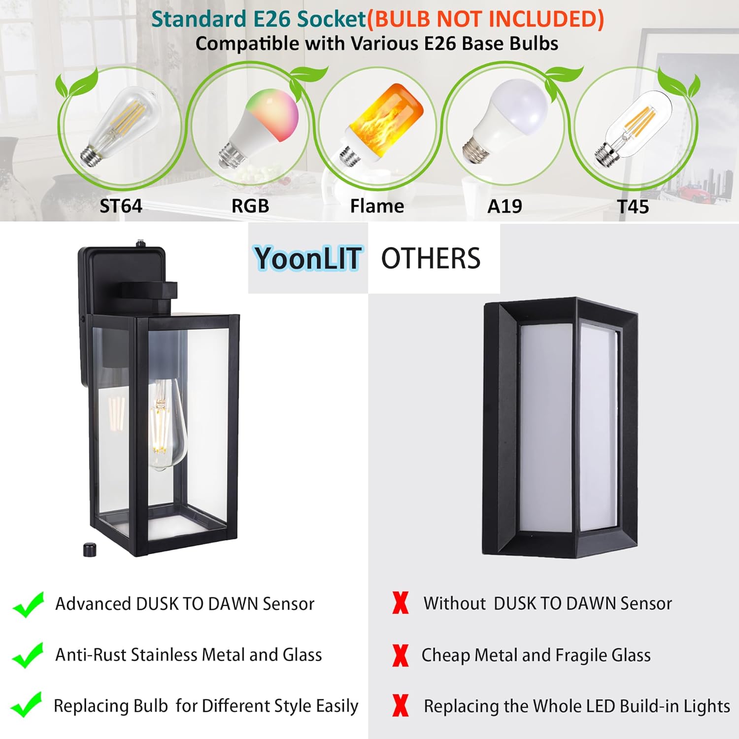 YoonLIT SMARTLIFE Dusk to Dawn Outdoor Wall Lantern - Anti-Rust, Waterproof, Black - Ideal for Front Porch, Patio, Garage - 1-Pack