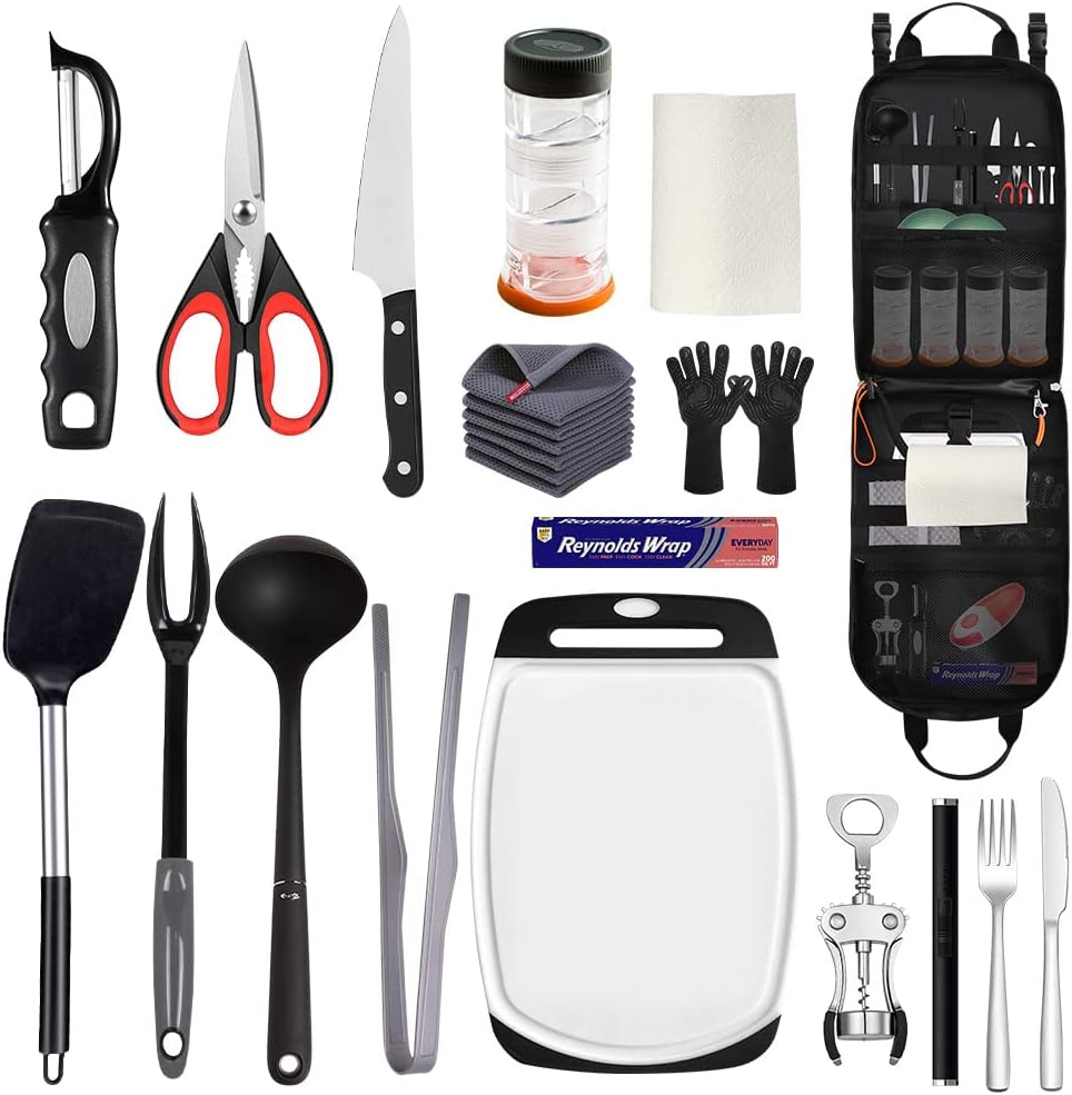 Yorkenbe Camp Kitchen Organizer Bag - High Capacity Cooking Utensils Storage with Hanging Hooks, Paper Towel Holder, and Waterproof Design for BBQ Essentials