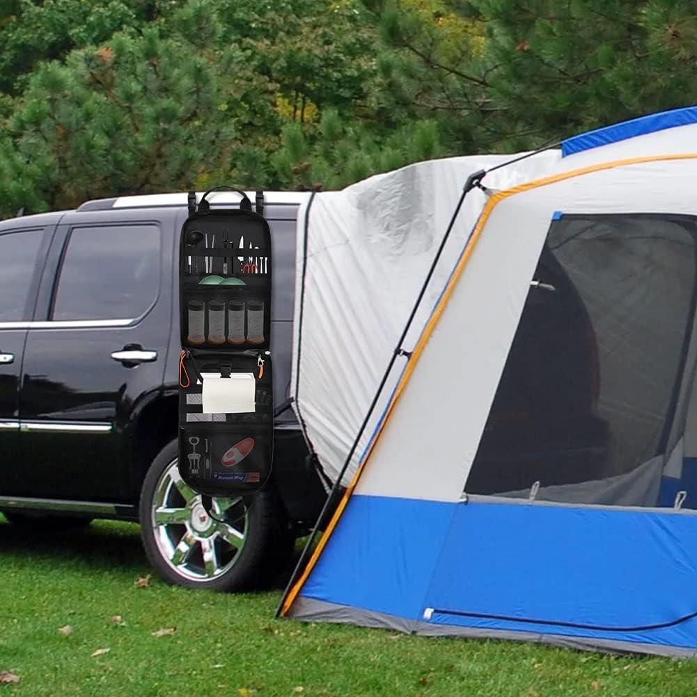 Yorkenbe Camp Kitchen Organizer Bag - High Capacity Cooking Utensils Storage with Hanging Hooks, Paper Towel Holder, and Waterproof Design for BBQ Essentials