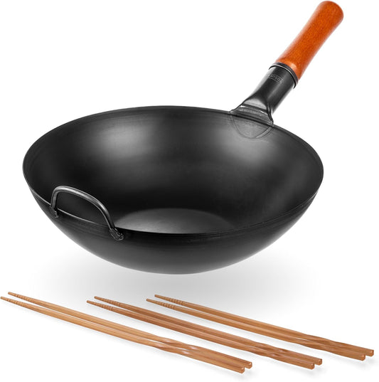 YOSUKATA 13.5" Carbon Steel Wok Pan Set with Flat Bottom, Wooden Chopsticks - Stir Fry Pans for Chinese Cooking