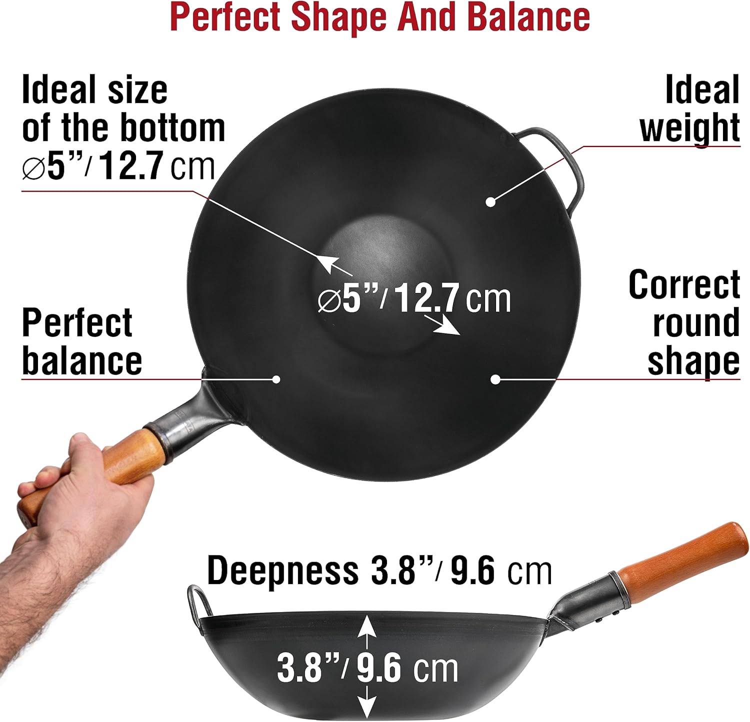 YOSUKATA 13.5" Carbon Steel Wok Pan Set with Flat Bottom, Wooden Chopsticks - Stir Fry Pans for Chinese Cooking