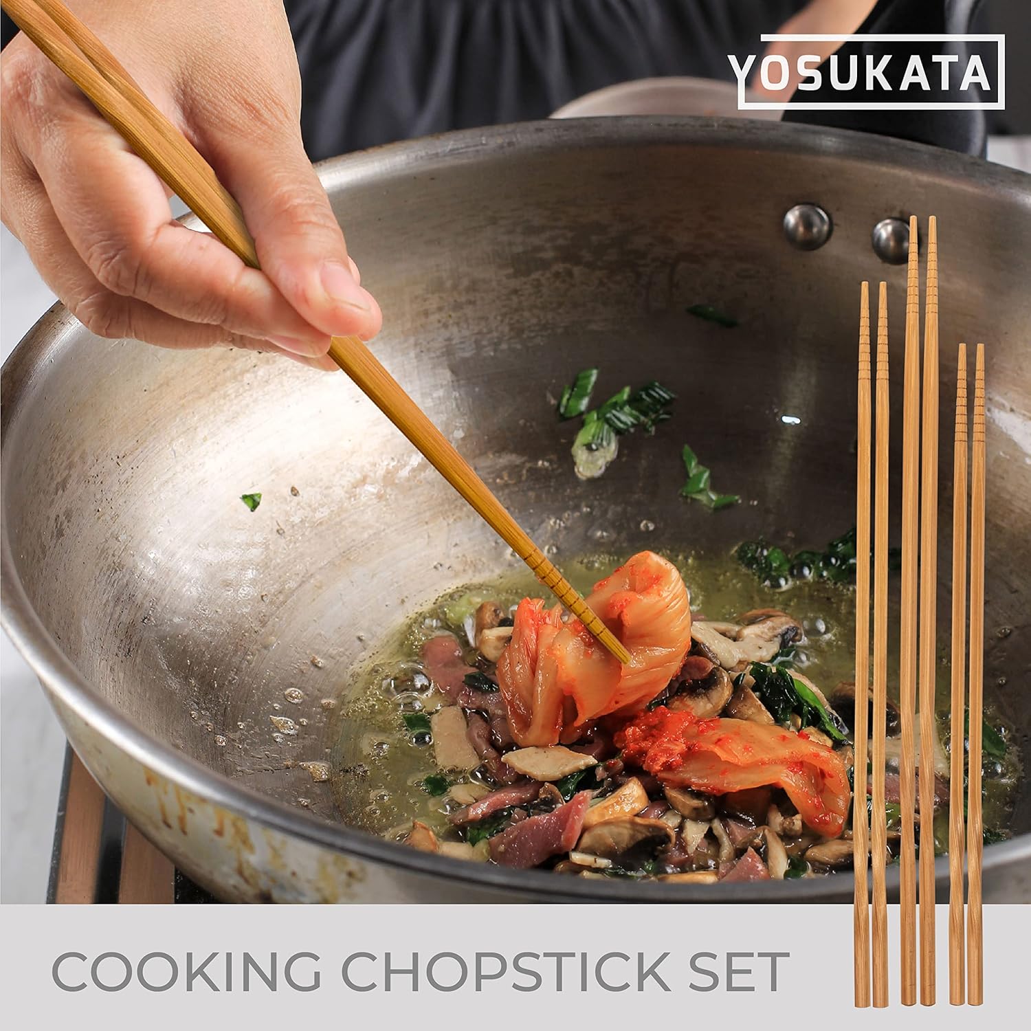 YOSUKATA 13.5" Carbon Steel Wok Pan Set with Flat Bottom, Wooden Chopsticks - Stir Fry Pans for Chinese Cooking