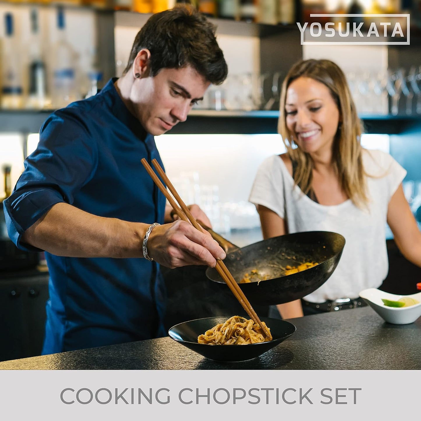 YOSUKATA 13.5" Carbon Steel Wok Pan Set with Flat Bottom, Wooden Chopsticks - Stir Fry Pans for Chinese Cooking