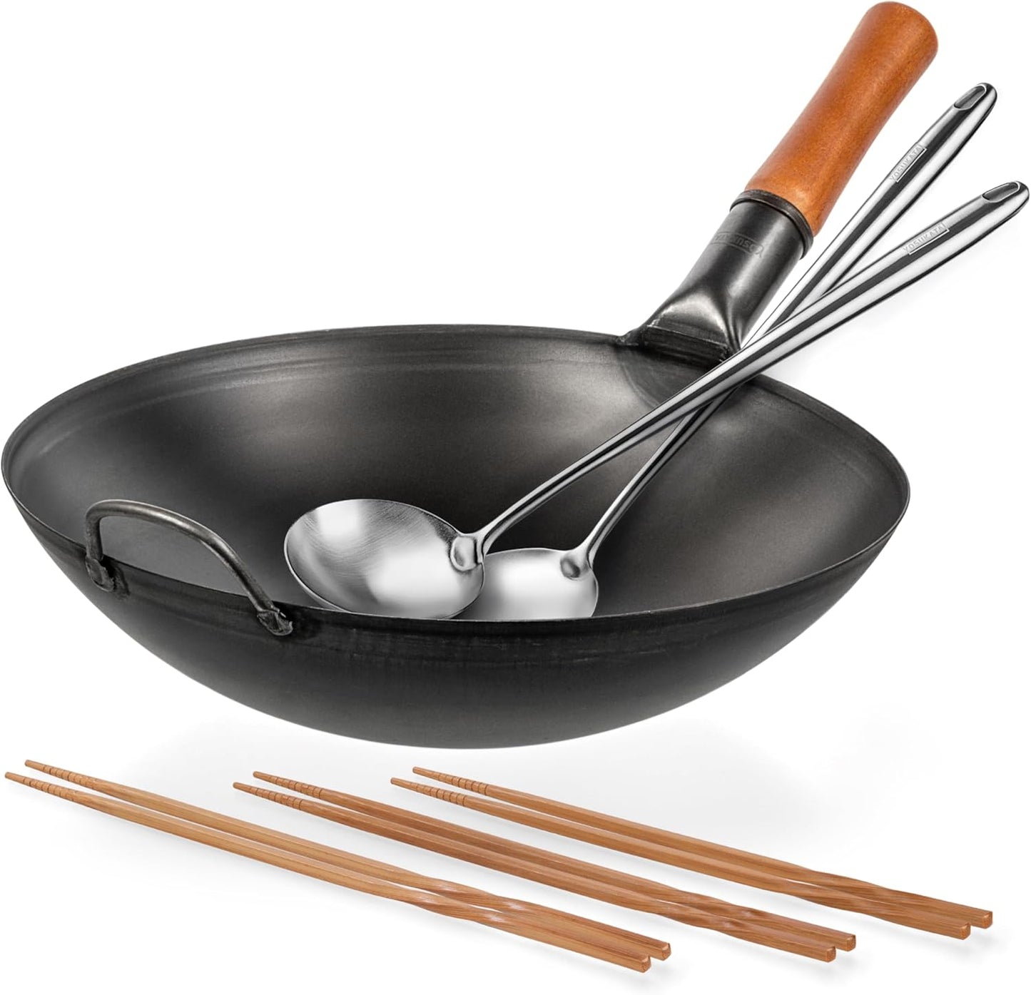 YOSUKATA Carbon Steel Wok and Spatula Set - 14" Wok Pan with Ladle + 17" Heat-Resistant Tools + Wooden Chopsticks (Set of 3)