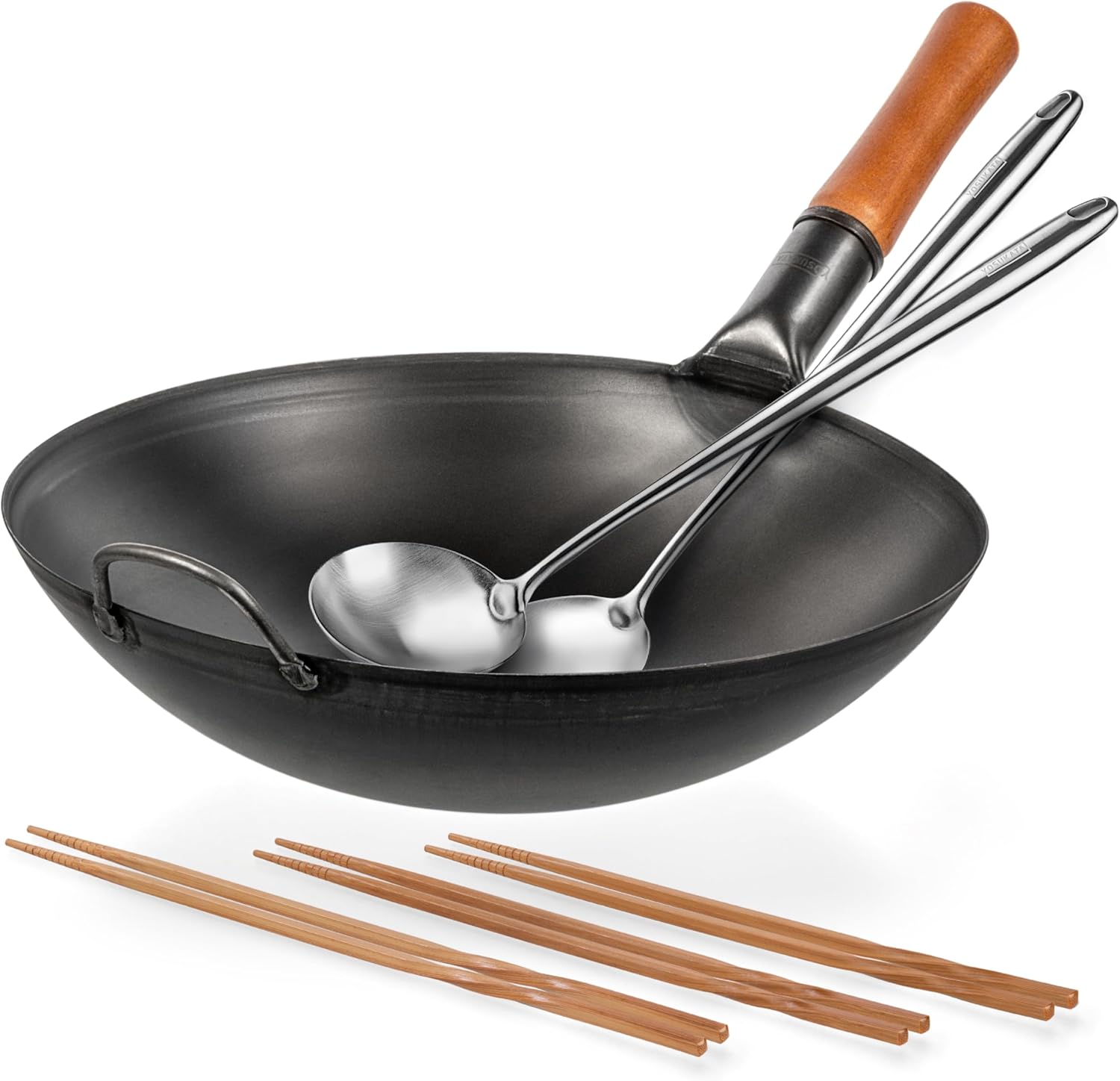 YOSUKATA Carbon Steel Wok and Spatula Set - 14" Wok Pan with Ladle + 17" Heat-Resistant Tools + Wooden Chopsticks (Set of 3)
