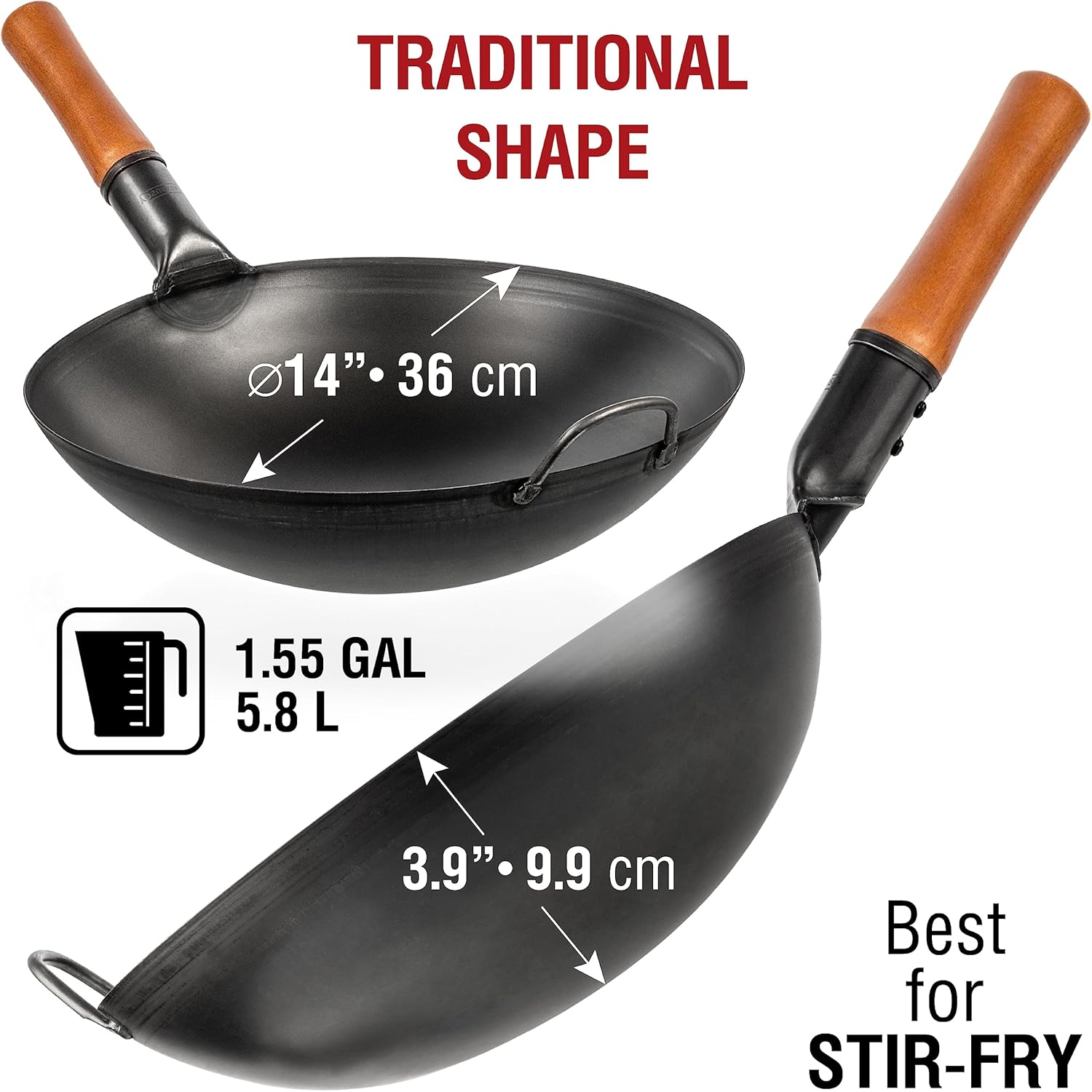 YOSUKATA Carbon Steel Wok and Spatula Set - 14" Wok Pan with Ladle + 17" Heat-Resistant Tools + Wooden Chopsticks (Set of 3)