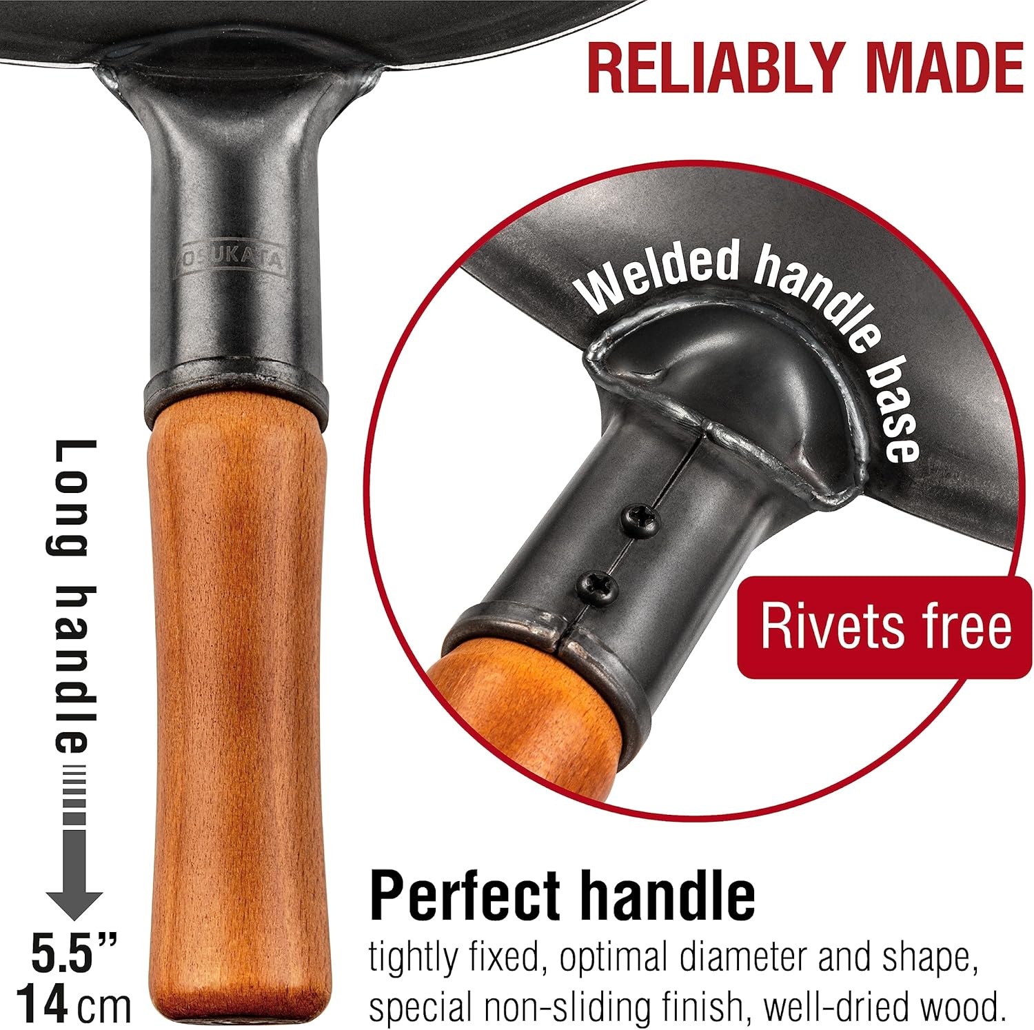 YOSUKATA Carbon Steel Wok and Spatula Set - 14" Wok Pan with Ladle + 17" Heat-Resistant Tools + Wooden Chopsticks (Set of 3)