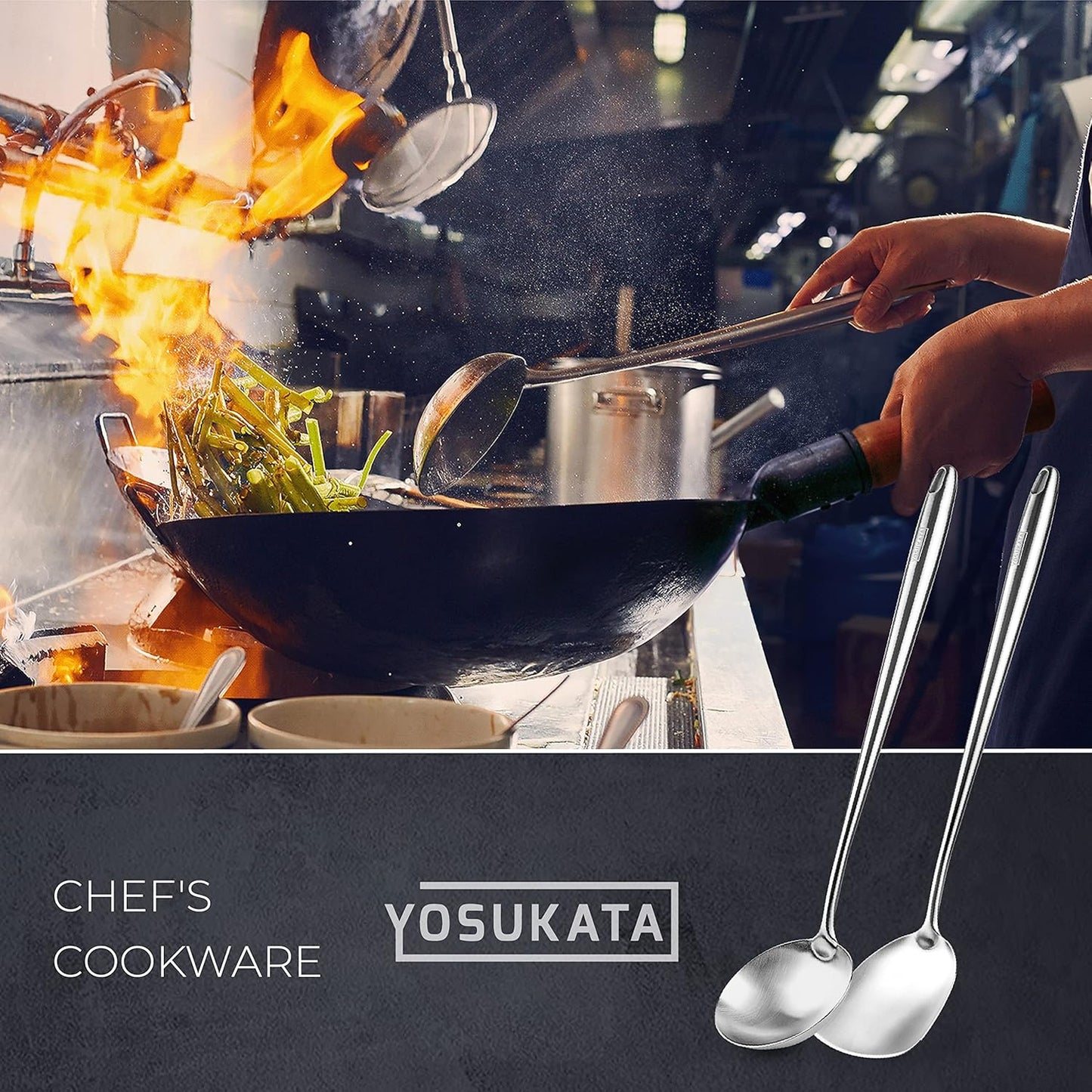 YOSUKATA Carbon Steel Wok and Spatula Set - 14" Wok Pan with Ladle + 17" Heat-Resistant Tools + Wooden Chopsticks (Set of 3)