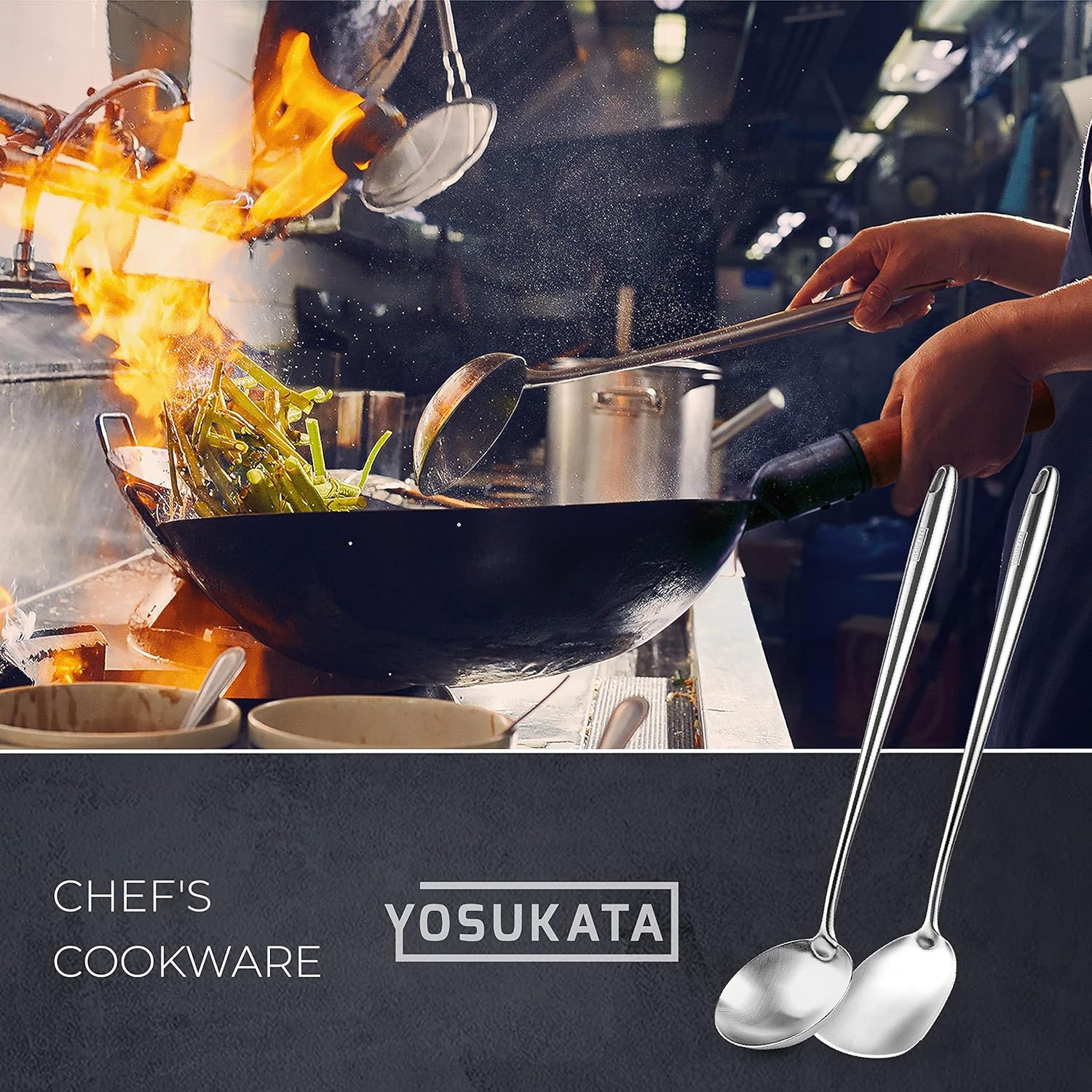 YOSUKATA Carbon Steel Wok and Spatula Set - 14" Wok Pan with Ladle + 17" Heat-Resistant Tools + Wooden Chopsticks (Set of 3)