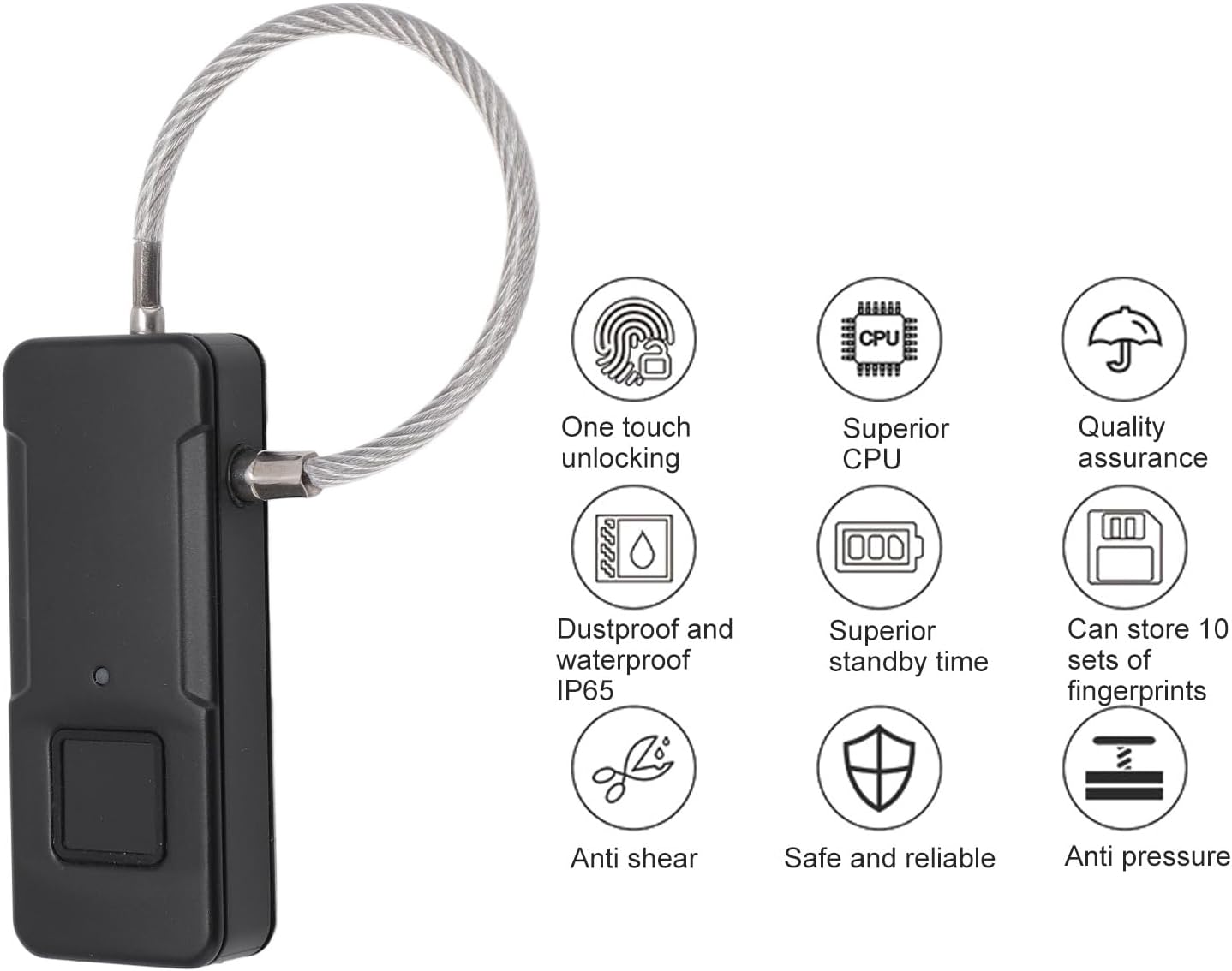Yunseity Metal Biometric Padlock with USB Charging and Fast Fingerprint Matching - Secure Locker with 10 Sets of Fingerprints (Black)