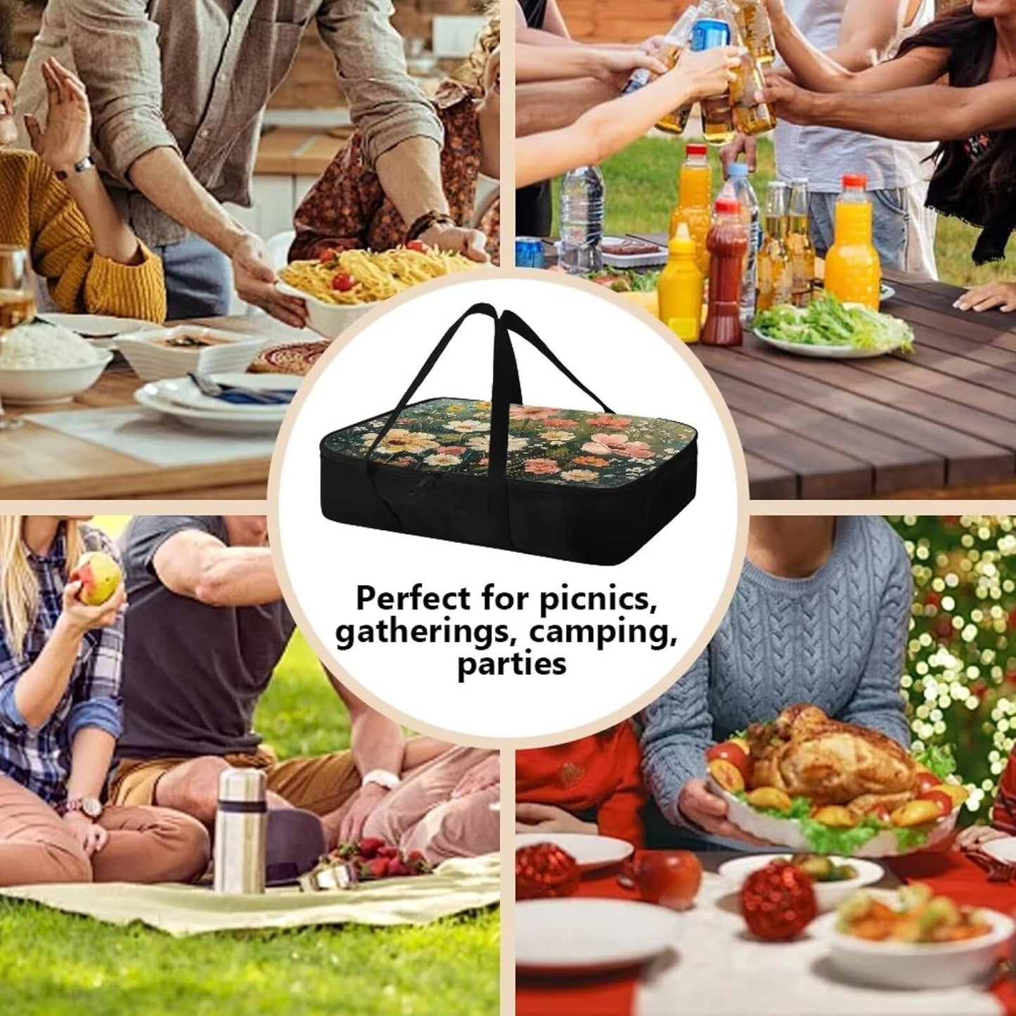Yuresuaet Yuresuae Insulated Food Carrier with Artistic Floral Print - Hot/Cold, Dustproof Casserole Tote Bag for Picnic Potluck, Sturdy Handles
