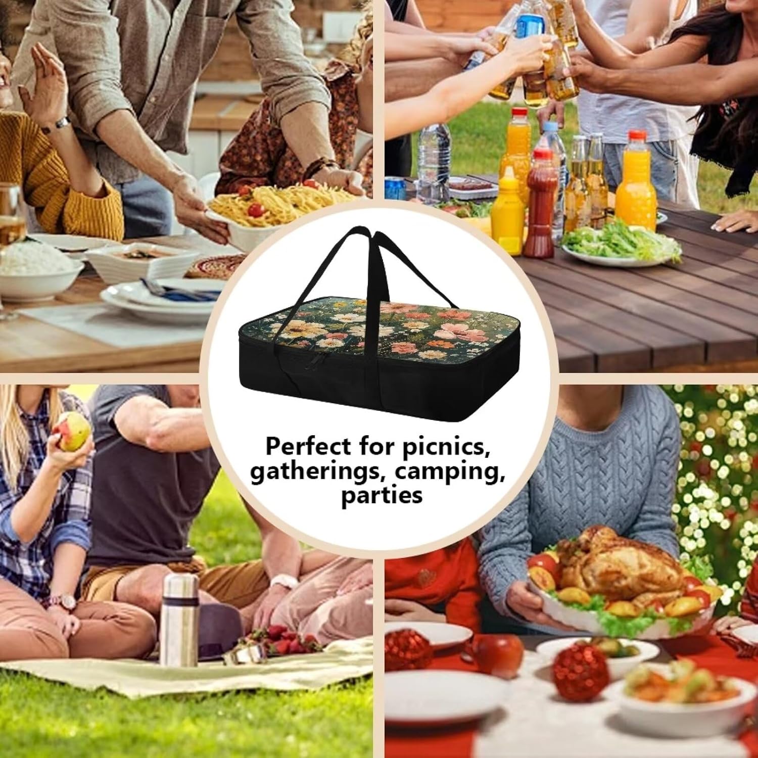 Yuresuaet Yuresuae Insulated Food Carrier with Artistic Floral Print - Hot/Cold, Dustproof Casserole Tote Bag for Picnic Potluck, Sturdy Handles