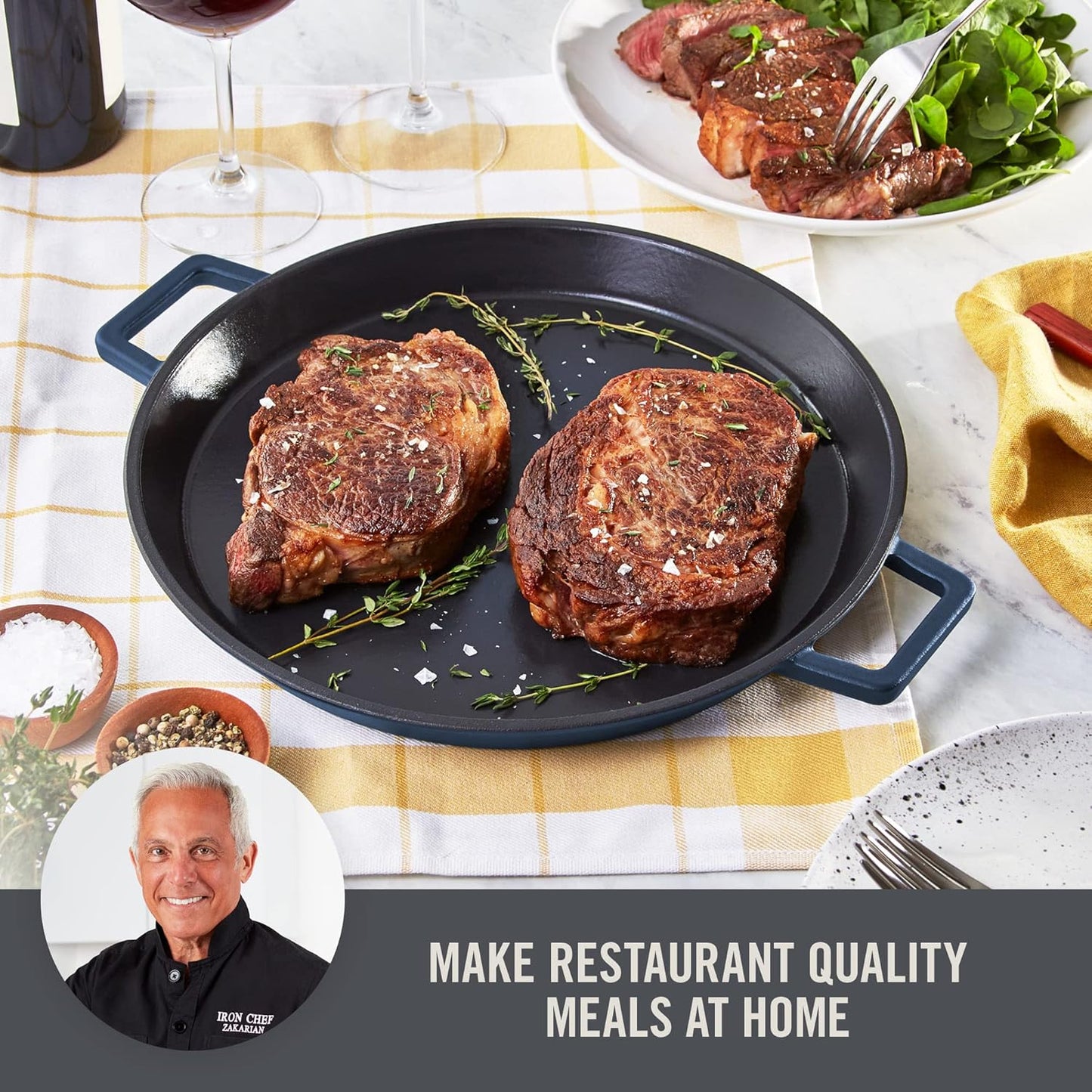 Zakarian by Dash 13" Nonstick Cast Iron Pan with Dual Handles - Titanium Ceramic Coating, Blue Color