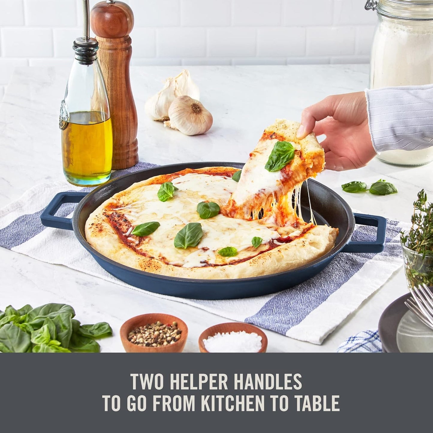 Zakarian by Dash 13" Nonstick Cast Iron Pan with Dual Handles - Titanium Ceramic Coating, Blue Color