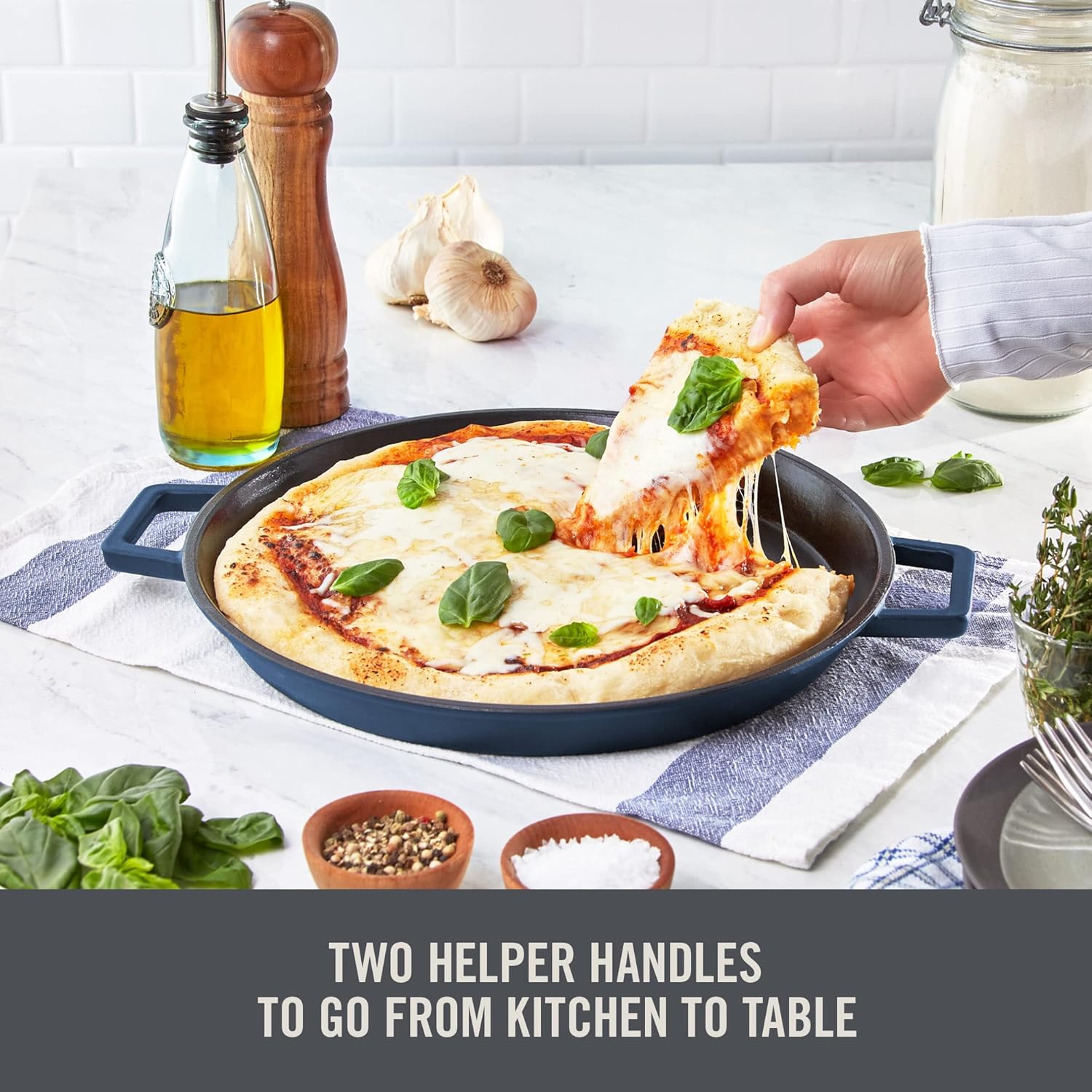 Zakarian by Dash 13" Nonstick Cast Iron Pan with Dual Handles - Titanium Ceramic Coating, Blue Color