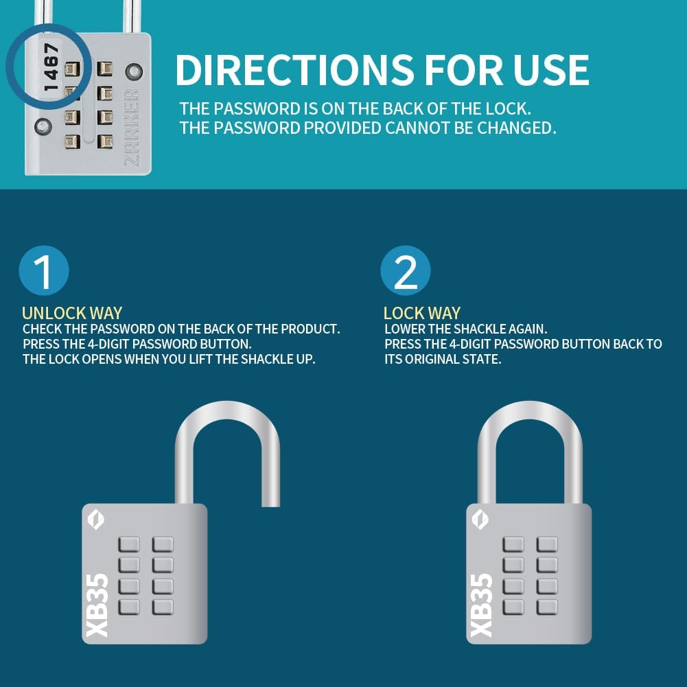 Zarker XB35 8-Digit Push Button Combination Padlock, 4-Digit Lock, (2-Pack, Pink/Emerald) - WildKart