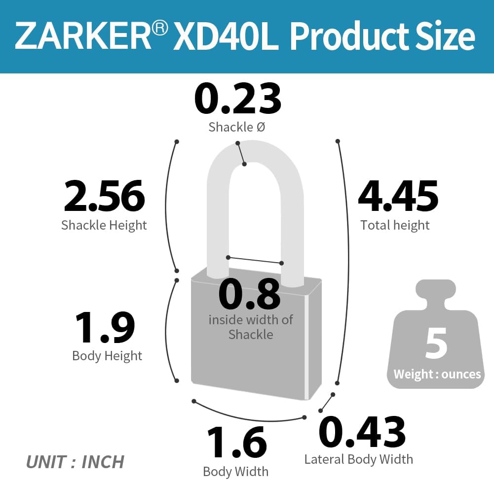 Zarker XD40L Gray 4-Digit Long Shackle Combination Padlock - 1-Pack - WildKart