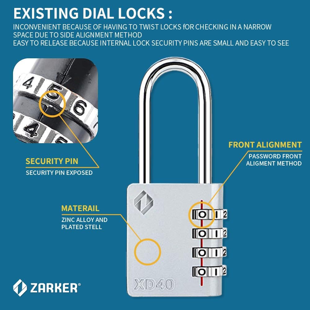 Zarker XD40L Gray 4-Digit Long Shackle Combination Padlock - 1-Pack - WildKart