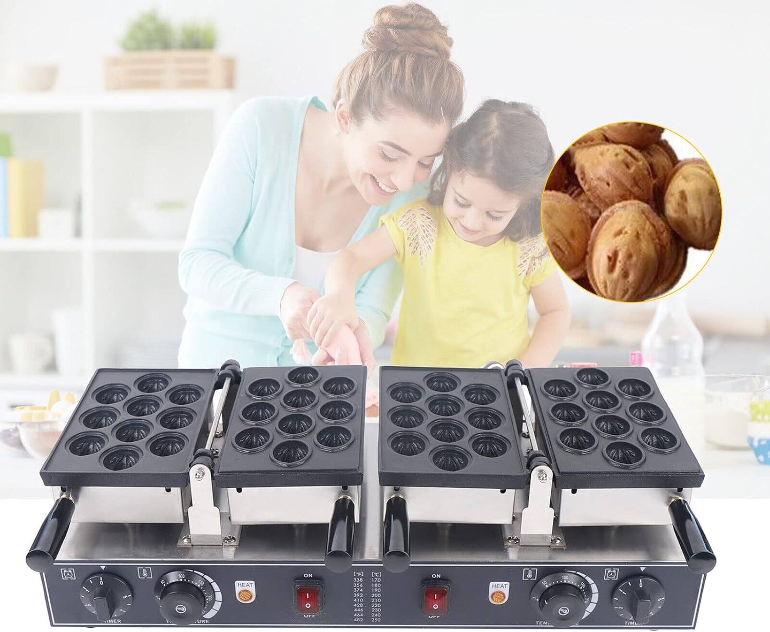 ZAWAYINE Electric Nut Waffle Maker - Bake 10 Walnut Cakes at Once - Non Stick Baking Pan - 1500W Breakfast Cake Maker Machine