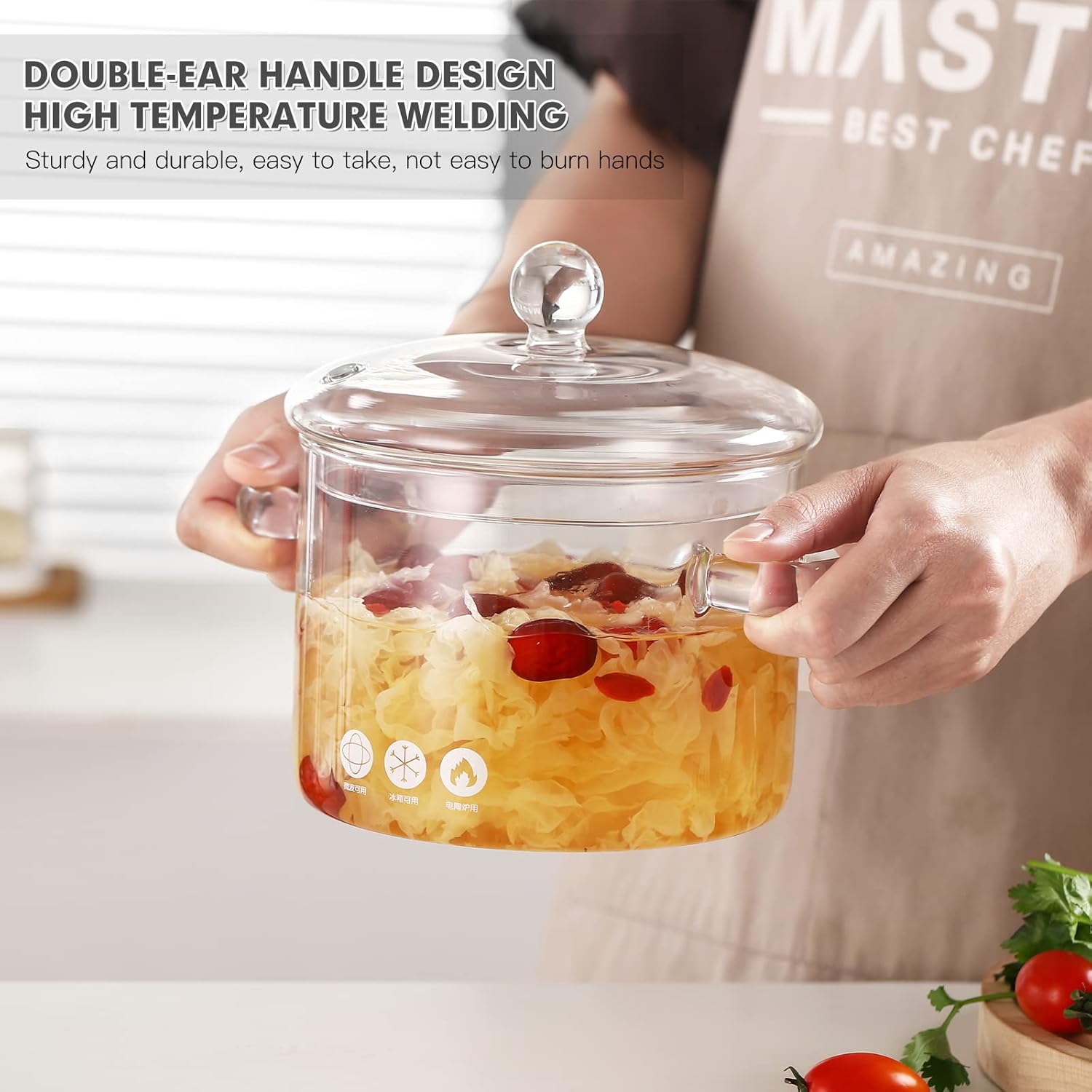 ZDZDZ Glass Cooking Pot with Cover and Handle - 1800ML Stovetop Safe Simmer Pot for Pasta, Noodle, Soup, Milk, Baby Food - Microwave Safe