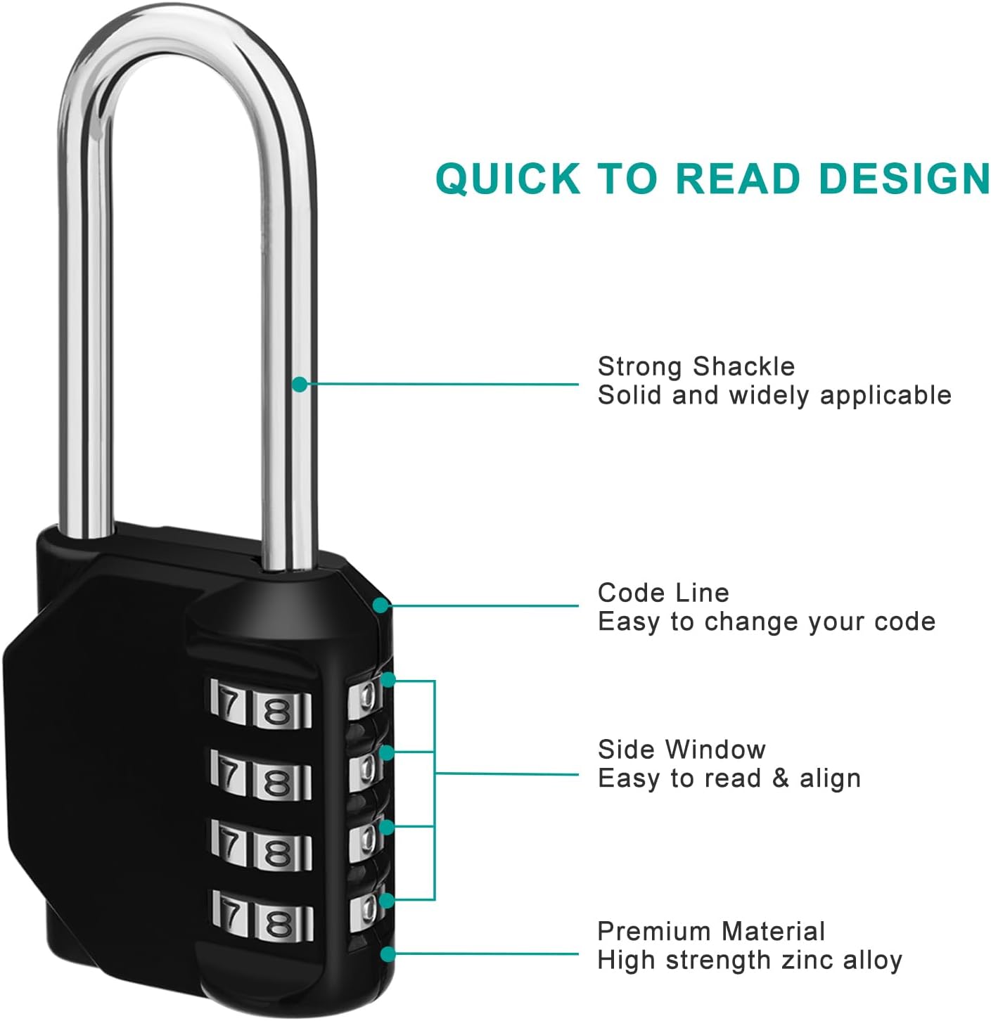 ZHEGE Long Shackle Padlock - 4 Digit Combination Lock for School, Gym Locker - Resettable Combo Lock for Outdoor Use - Black - WildKart