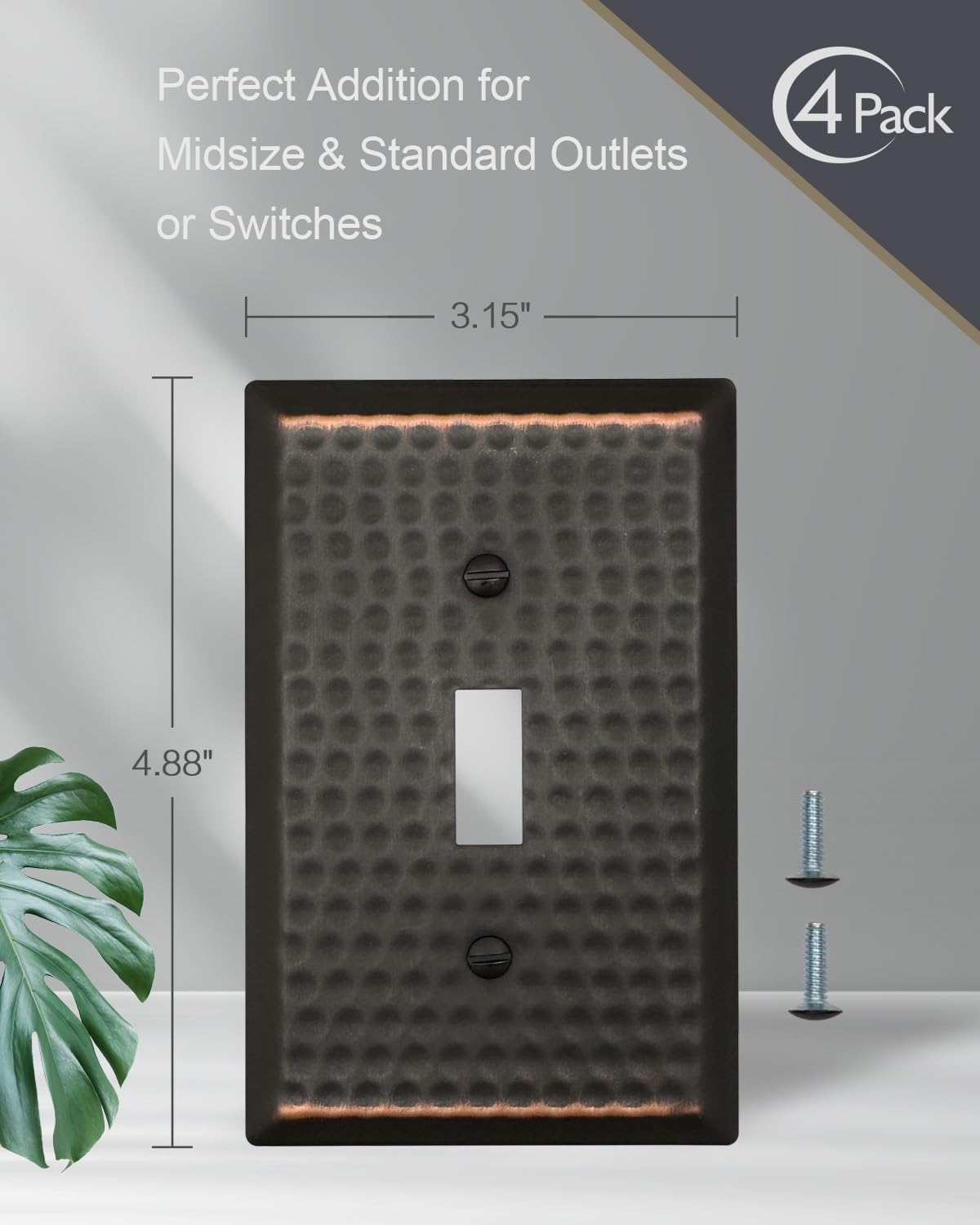 ZILLSEA Hammered Aged Bronze Single Toggle Wall Plates, Metal Switch Plate Covers, 1-Gang, 4 Pack, 3.15''*4.88'', Midsize