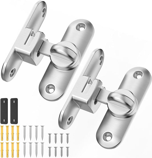 Zinc Alloy Barn Door Lock & Latch Set for Cabinet, Bathroom, Garage - 90/180 Degree Sliding Flip Lock Hardware - Silver (2 Pack)