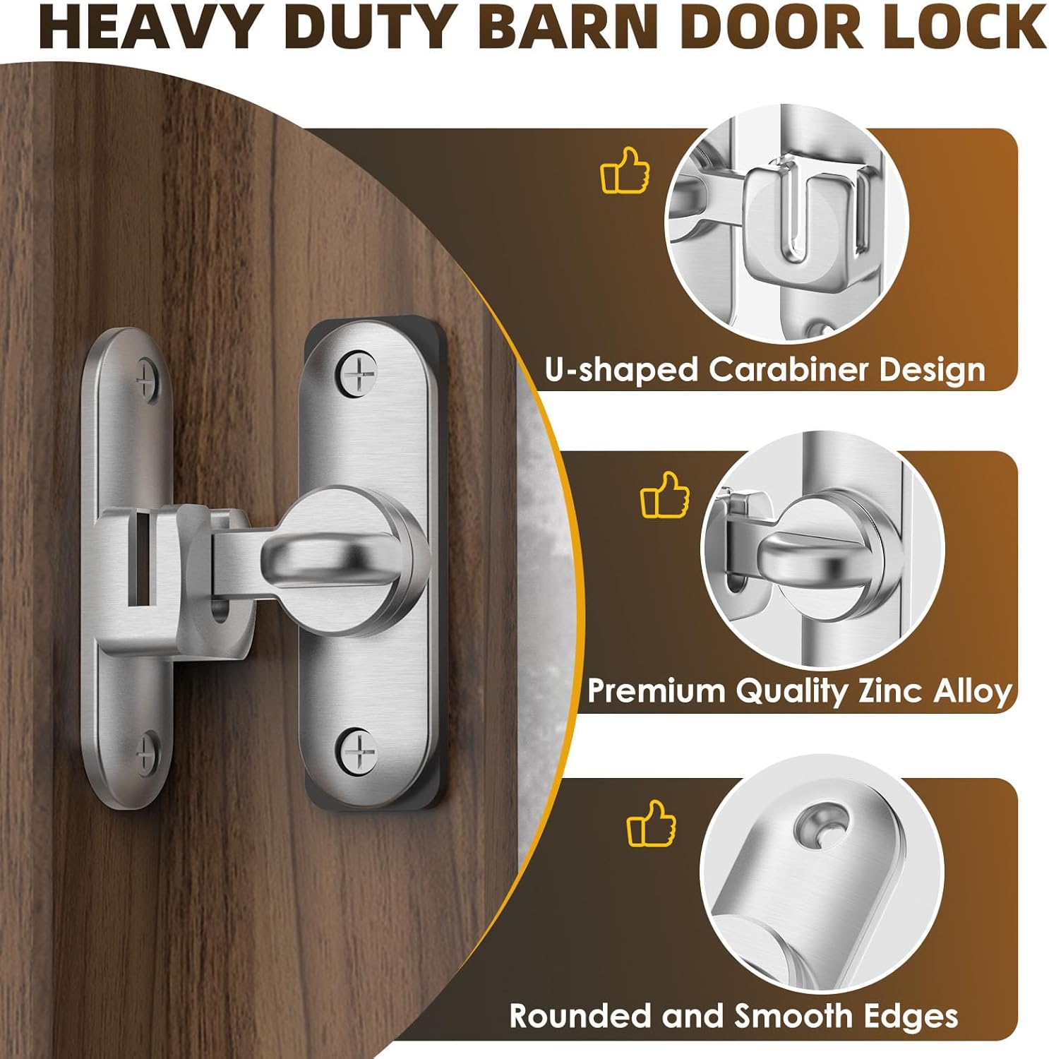 Zinc Alloy Barn Door Lock & Latch Set for Cabinet, Bathroom, Garage - 90/180 Degree Sliding Flip Lock Hardware - Silver (2 Pack)