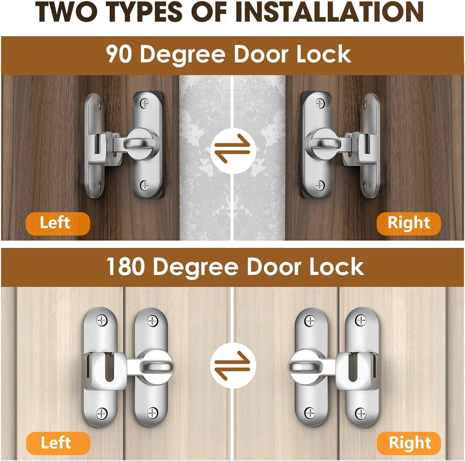 Zinc Alloy Barn Door Lock & Latch Set for Cabinet, Bathroom, Garage - 90/180 Degree Sliding Flip Lock Hardware - Silver (2 Pack)