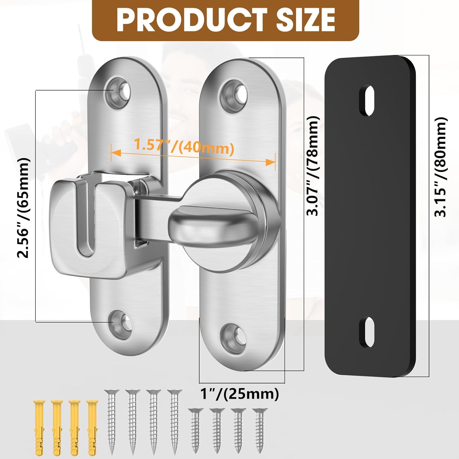 Zinc Alloy Barn Door Lock & Latch Set for Cabinet, Bathroom, Garage - 90/180 Degree Sliding Flip Lock Hardware - Silver (2 Pack)