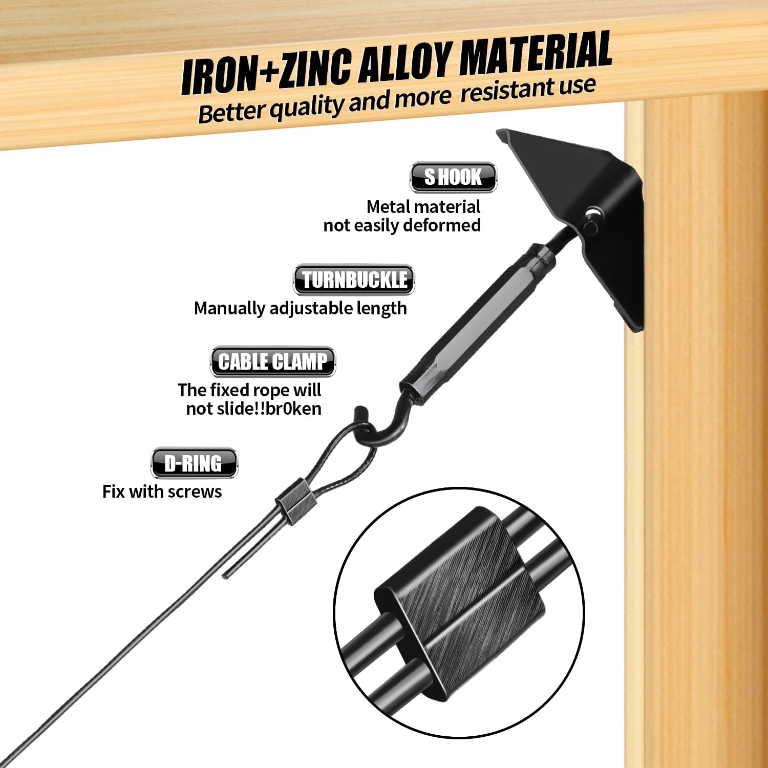 Zinc Black Steel Door Hardware Kit for Preventing Sag in Wooden Fence/Gate - Anti-Sag Support Cable Kit