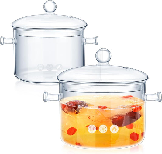 Zubebe 2 Pcs Stovetop Glass Cookware Set with Heat Resistant Clear Glass Pots and Pans for Cooking on Stove - Includes Saucepan and Simmer Pot with Lid - Ideal for Soup and Milk - 1.3 L and 1.9 L