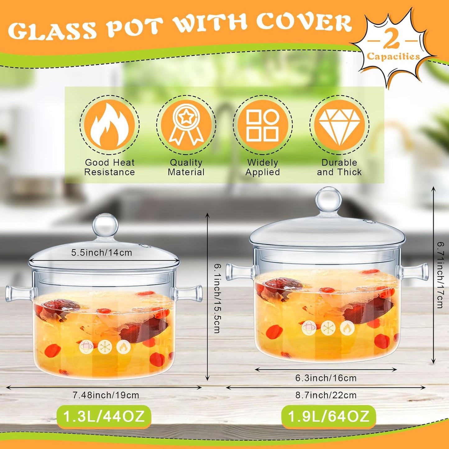 Zubebe 2 Pcs Stovetop Glass Cookware Set with Heat Resistant Clear Glass Pots and Pans for Cooking on Stove - Includes Saucepan and Simmer Pot with Lid - Ideal for Soup and Milk - 1.3 L and 1.9 L