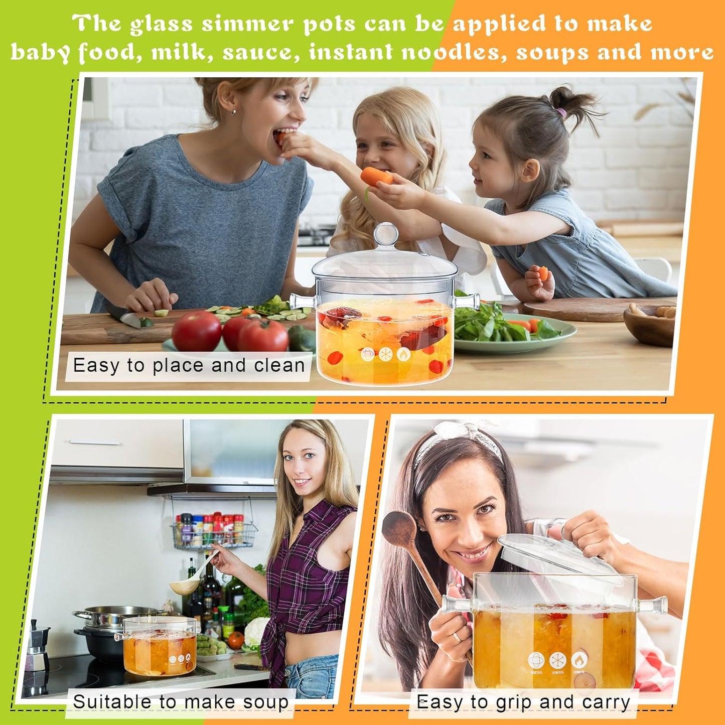 Zubebe 2 Pcs Stovetop Glass Cookware Set with Heat Resistant Clear Glass Pots and Pans for Cooking on Stove - Includes Saucepan and Simmer Pot with Lid - Ideal for Soup and Milk - 1.3 L and 1.9 L