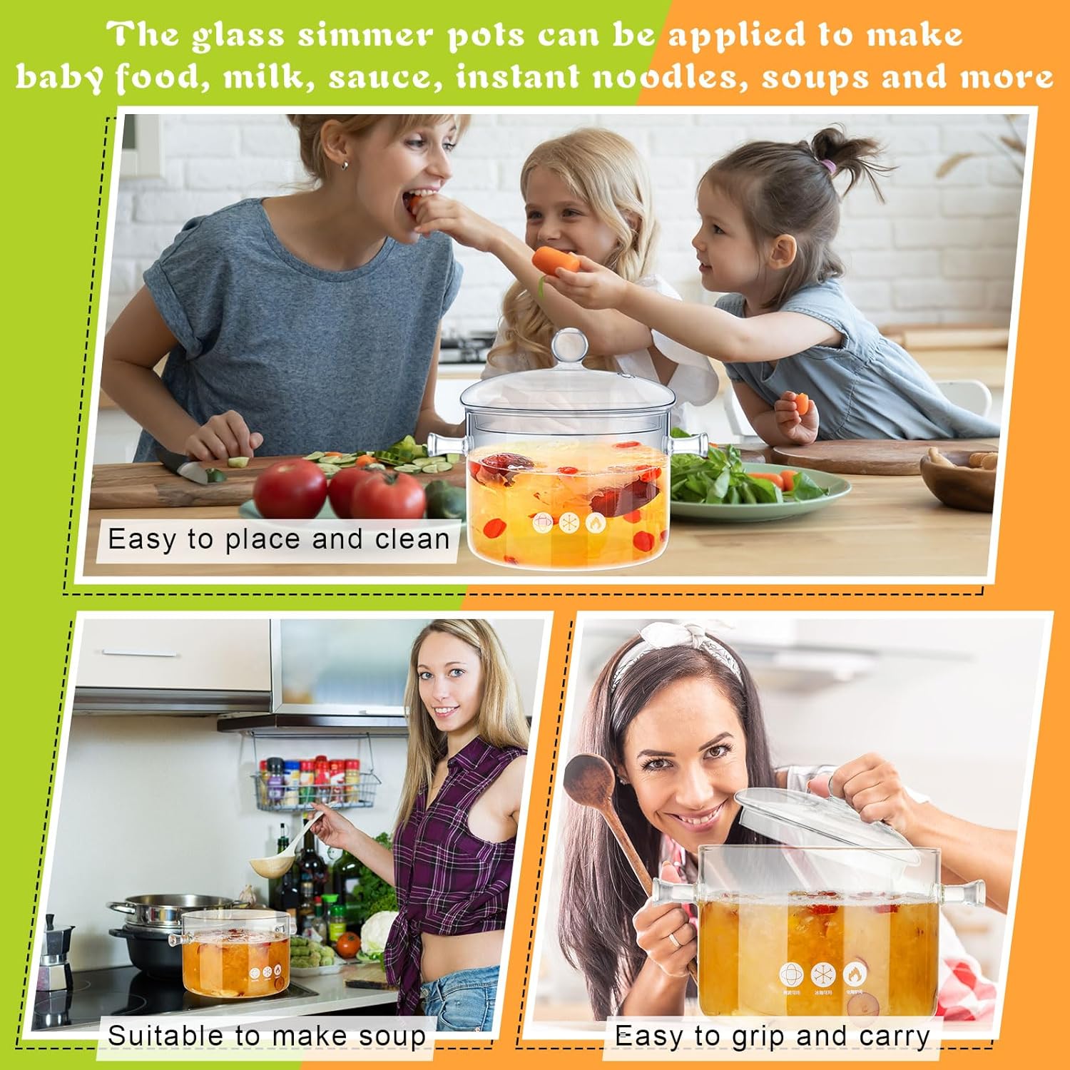 Zubebe 2 Pcs Stovetop Glass Cookware Set with Heat Resistant Clear Glass Pots and Pans for Cooking on Stove - Includes Saucepan and Simmer Pot with Lid - Ideal for Soup and Milk - 1.3 L and 1.9 L