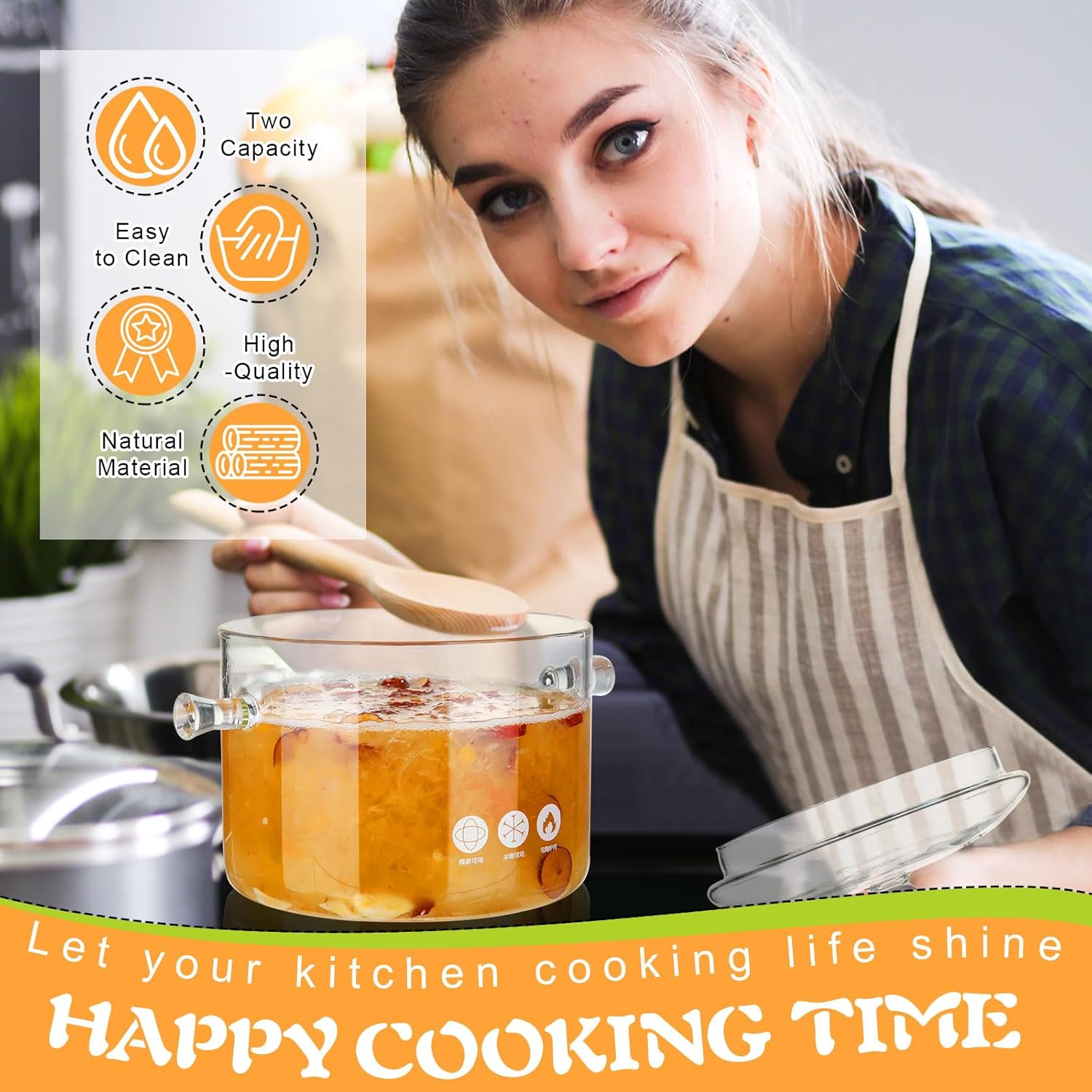 Zubebe 2 Pcs Stovetop Glass Cookware Set with Heat Resistant Clear Glass Pots and Pans for Cooking on Stove - Includes Saucepan and Simmer Pot with Lid - Ideal for Soup and Milk - 1.3 L and 1.9 L