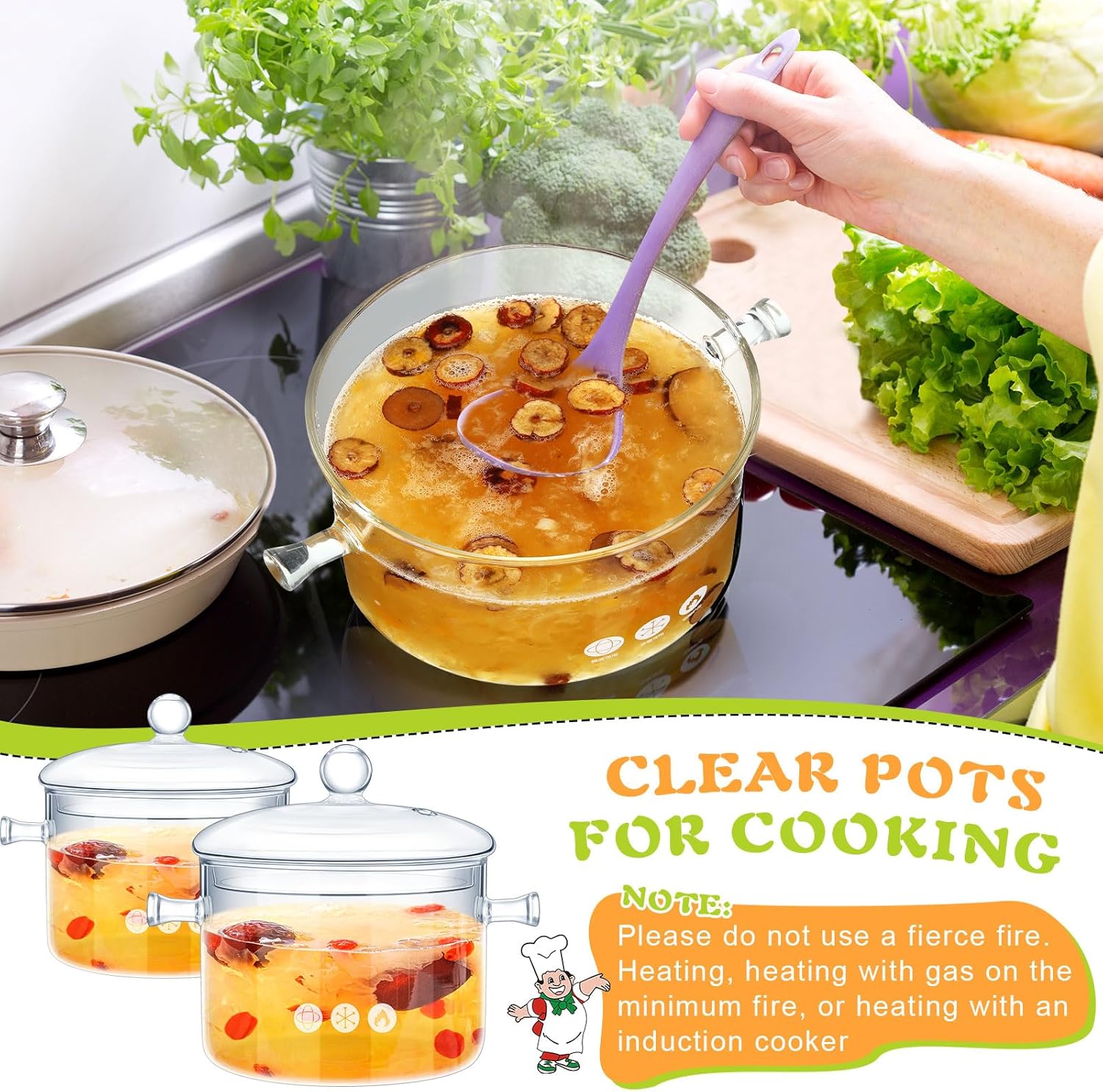 Zubebe 2 Pcs Stovetop Glass Cookware Set with Heat Resistant Clear Glass Pots and Pans for Cooking on Stove - Includes Saucepan and Simmer Pot with Lid - Ideal for Soup and Milk - 1.3 L and 1.9 L